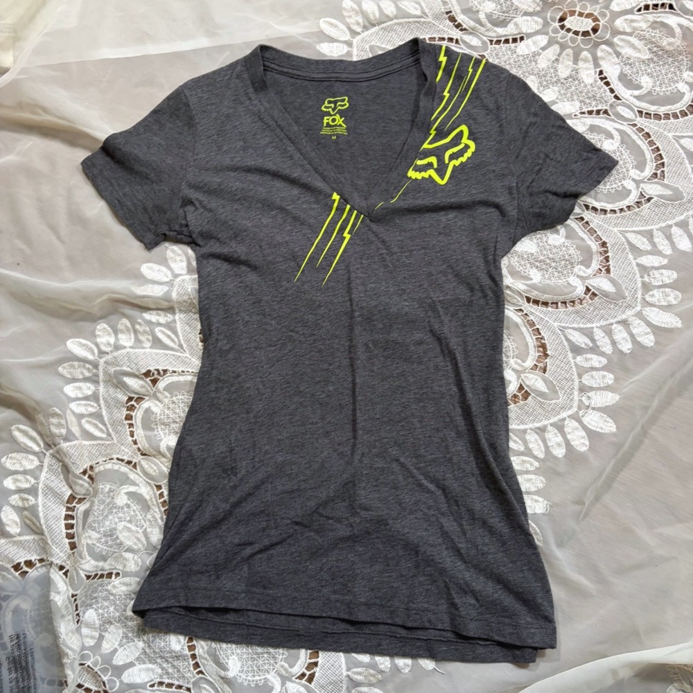 Y2K Grunge Fox Racing V-Neck Graphic T-Shirt Grey Neon Yellow Lightning Bolt M